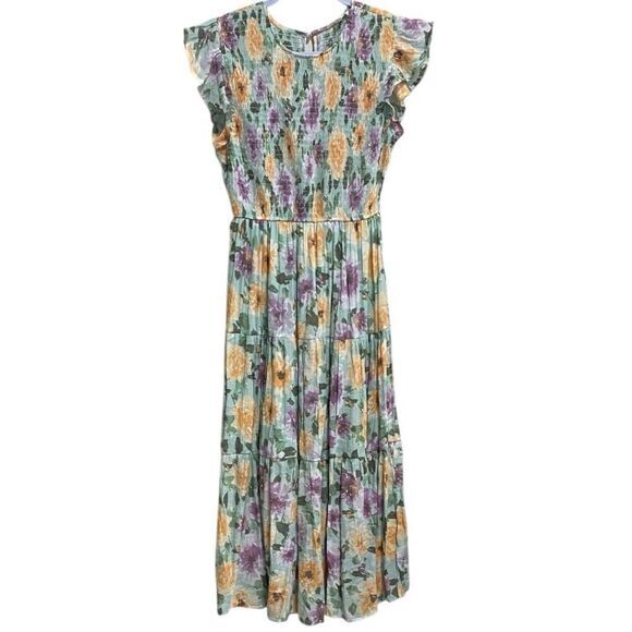 Anthropologie By the River Green Floral Smocked Flutter Sleeve Maxi Dress Size M - Picture 1 of 12